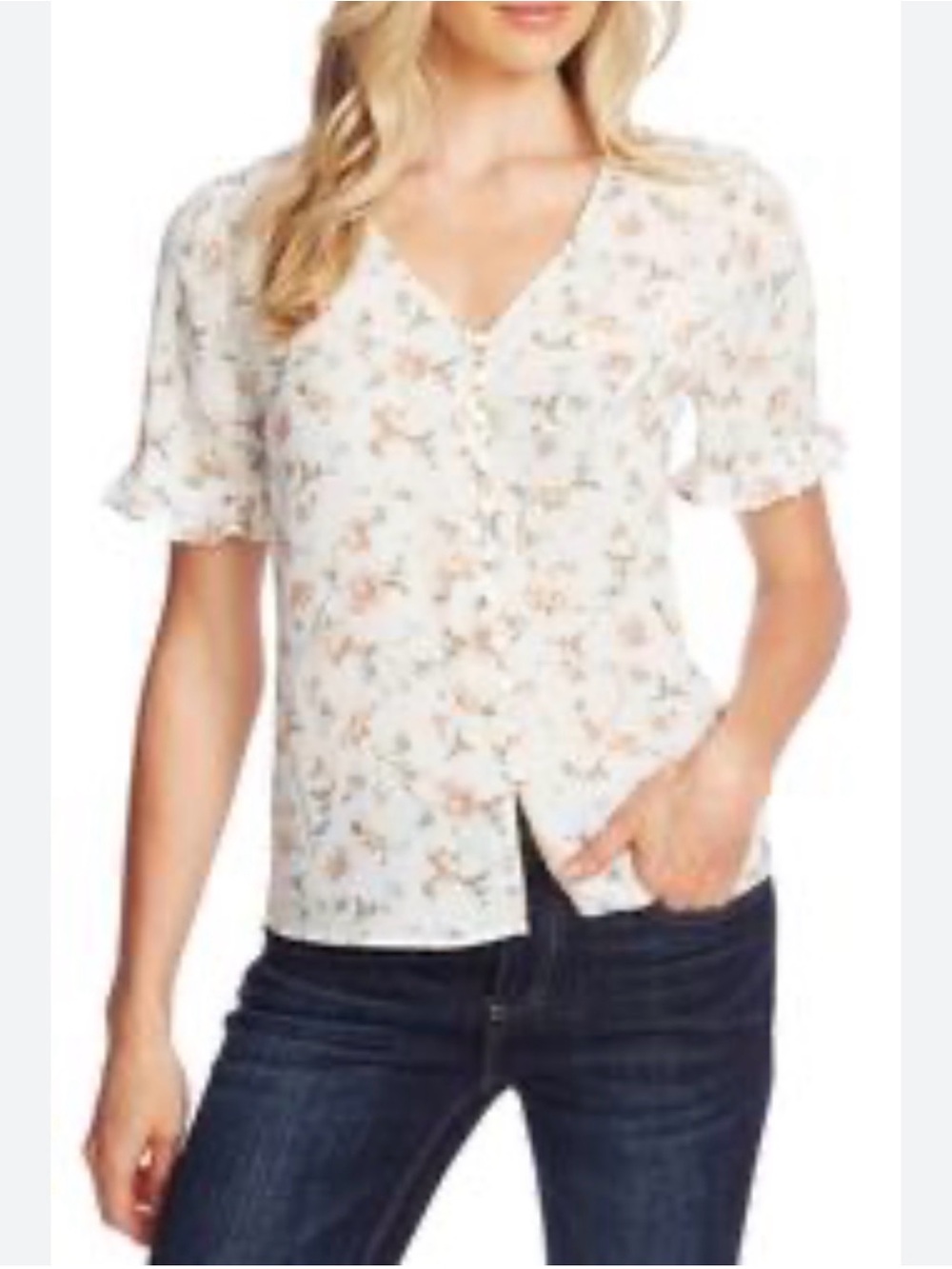 Cece for Nordstrom Floral V-Neck Short Sleeve Button Front Top - White